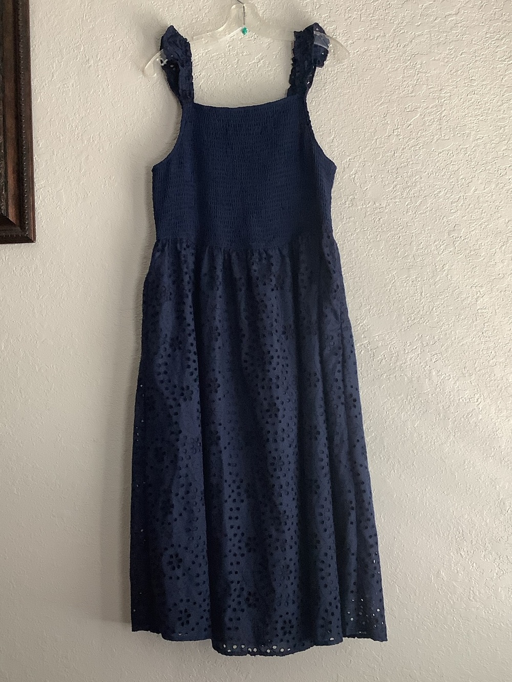 Grace Karin Navy Eyelet Maxi Dress with Ruffled Straps and Smocked Bodice